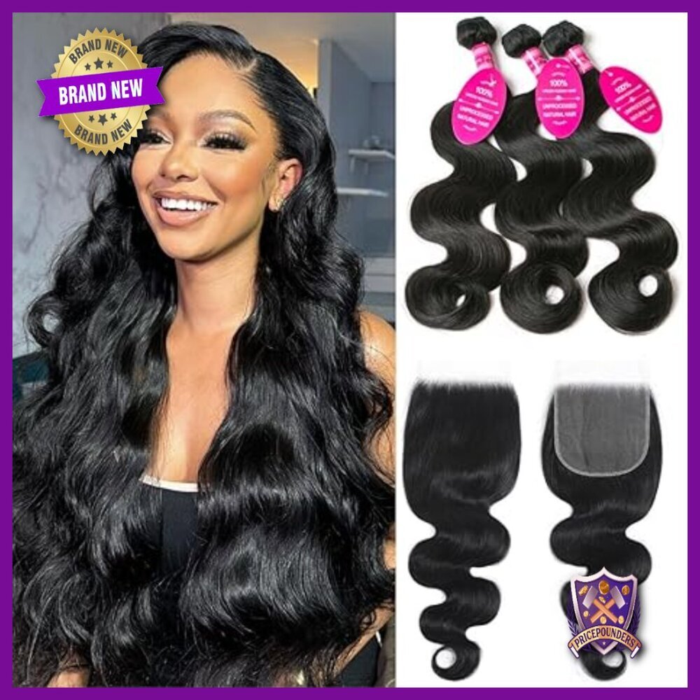 Human Hair Weave Bundles with Lace Closure 14 16 18 Inch Brazilian Virgin